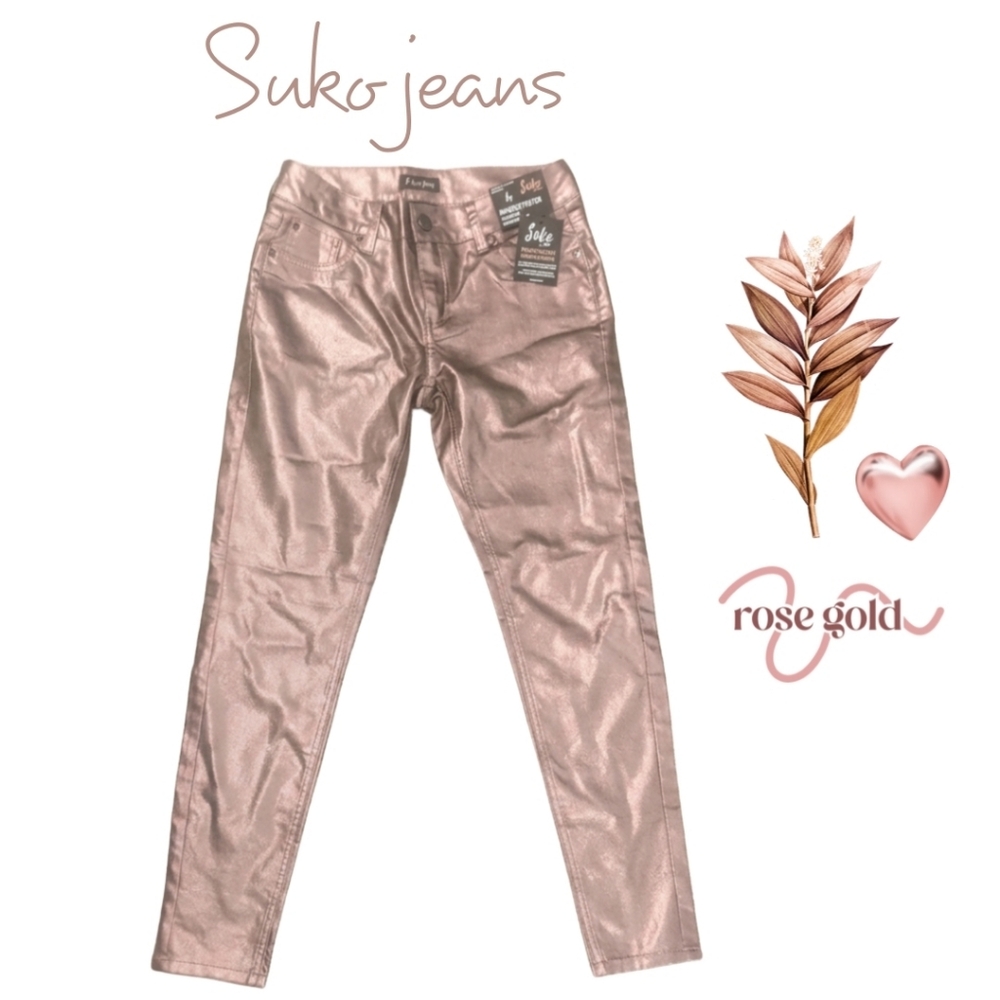 NWT Suko Jeans Powerstretch Metallic Rose Gold Skinny Leg Jeans Size 4